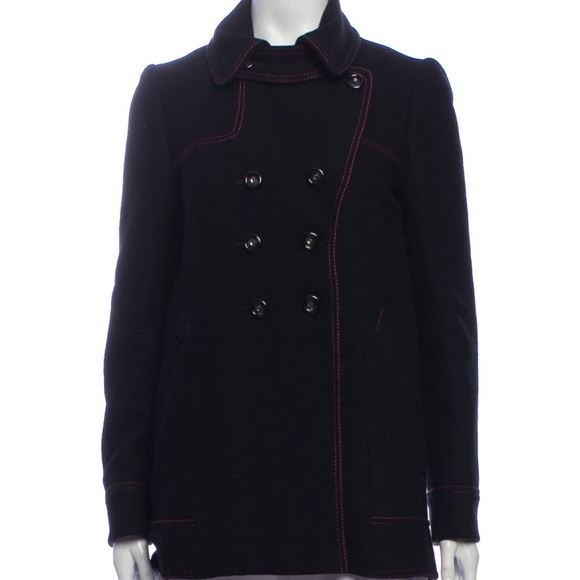 Rebecca Taylor Black Wool Jacket Peacoat Coat Pink Trim Rhinestone Size 4 - Picture 1 of 9